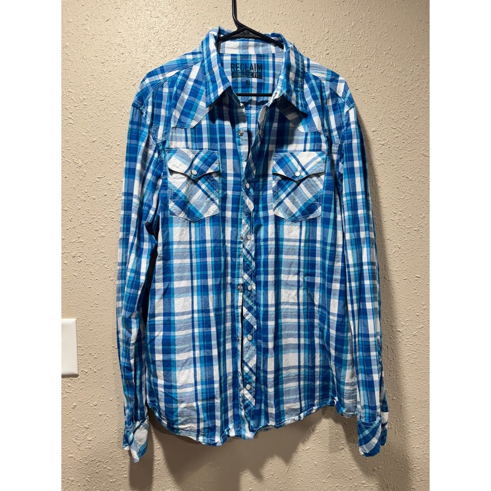Reclaim‎ Athletic Fit Mens XL Blue Plaid Pearl Snap Western Long Sleeve Shirt